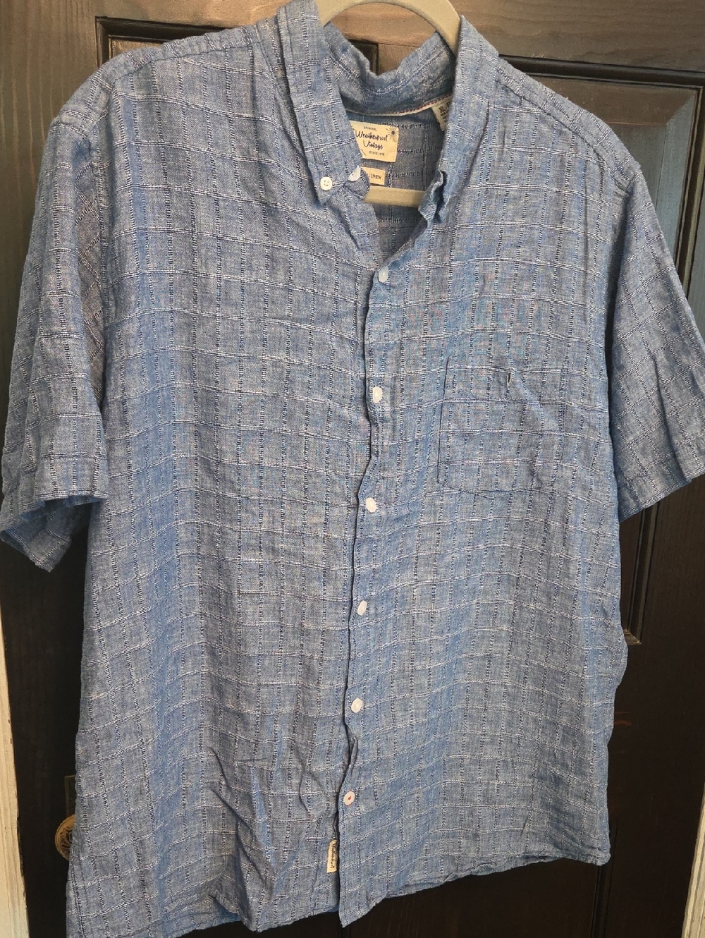 100% Linen Weatherproof Light Blue Short-Sleeve Button-Up Textured Shirt